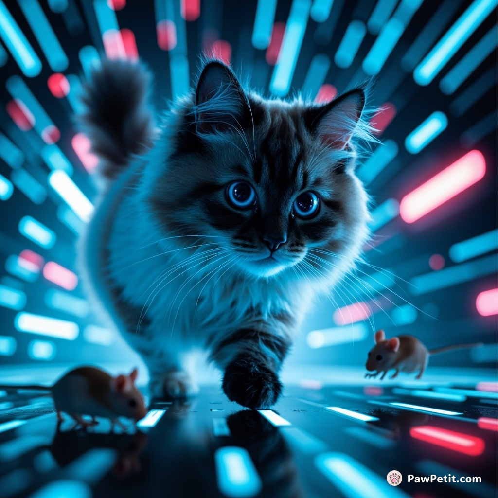 A digital cat glitches through code, mastering quantum jumps by pouncing on virtual mice.