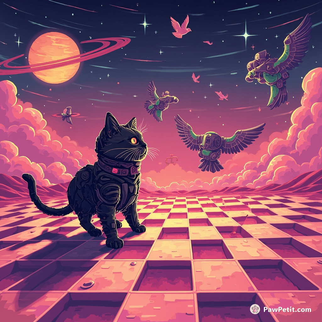 Cybernetic cat guiding a flock of robot birds across a glowing, checkerboard desert.