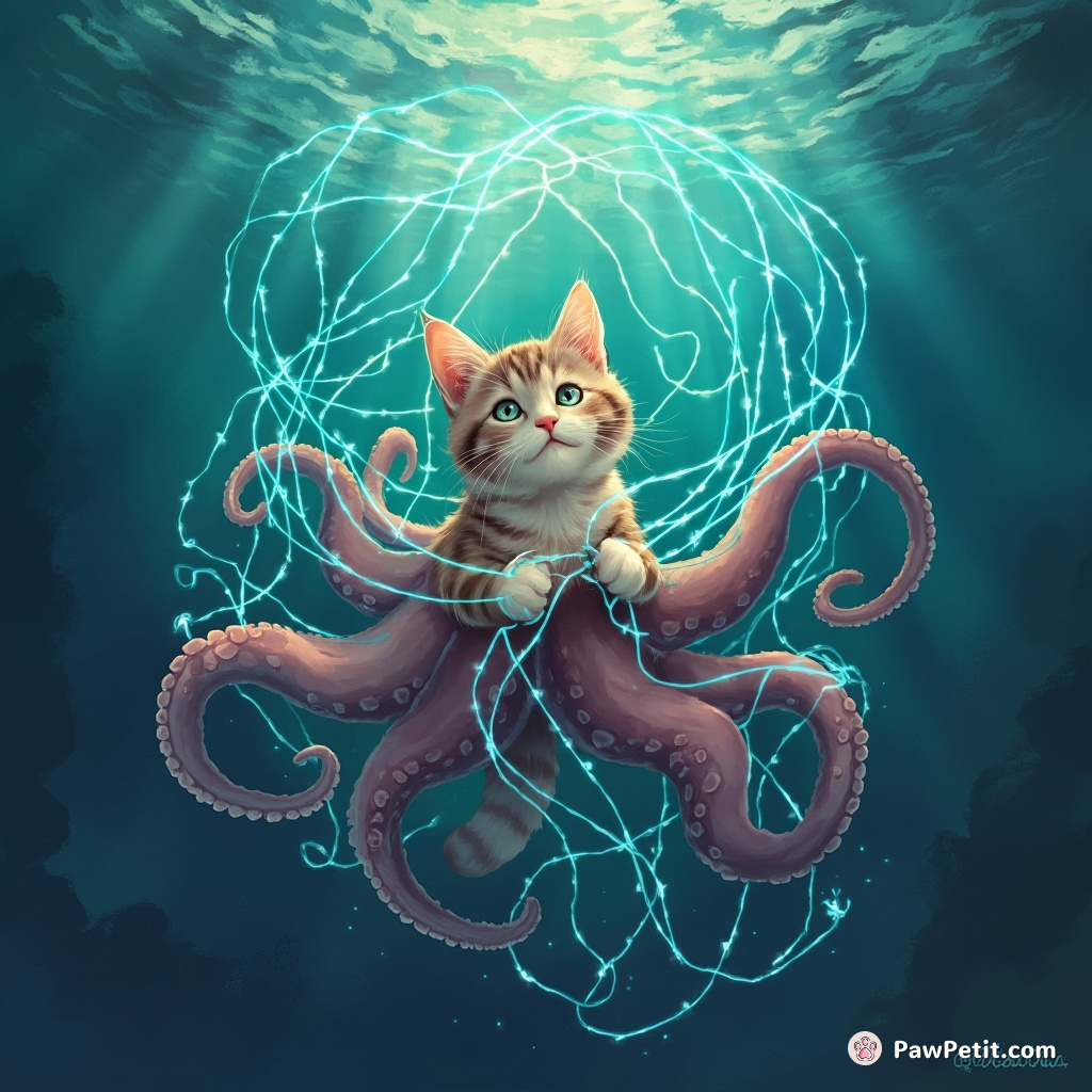 Cat enchanted into an octopus underwater, weaving glowing silk threads to stitch the oceanic rift.