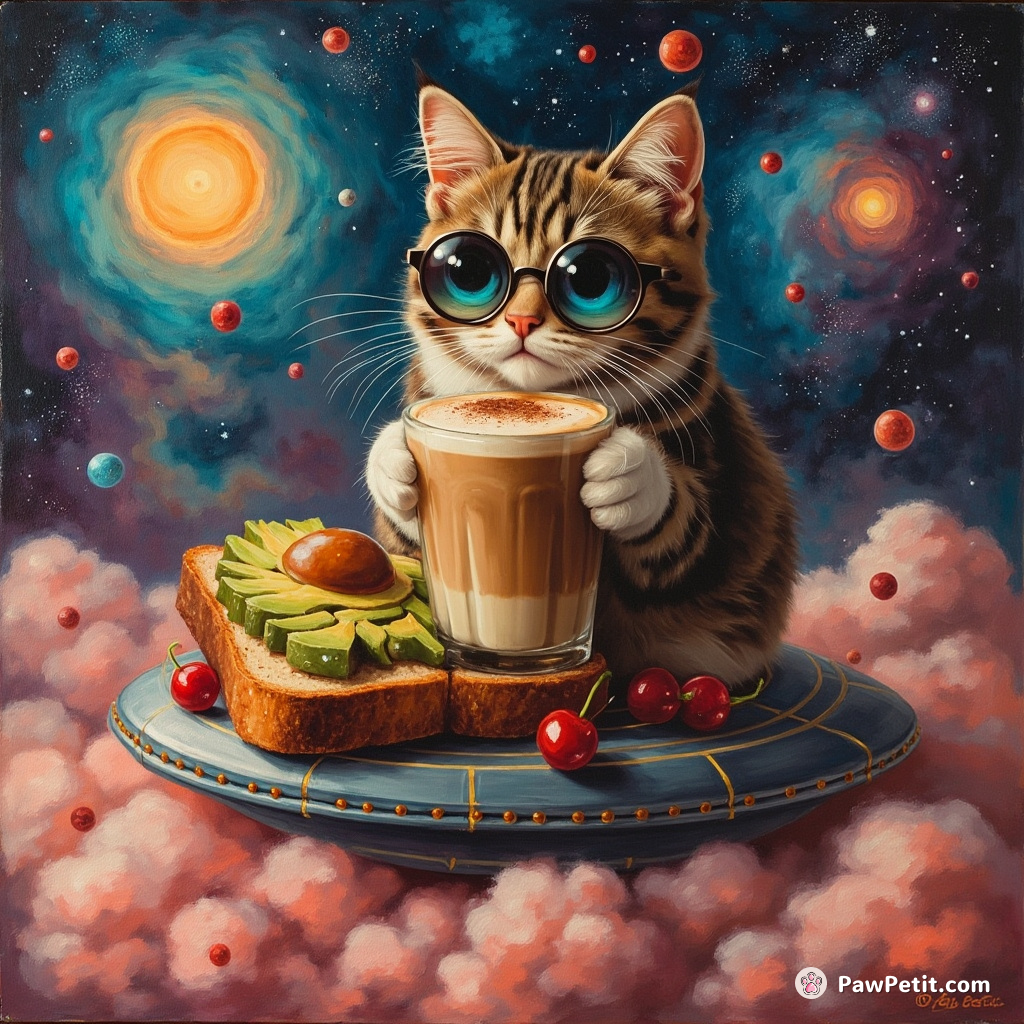 A four-eyed cat sipping a nebula latte atop an avocado toast spaceship hovering over a cherry-flavored raincloud.