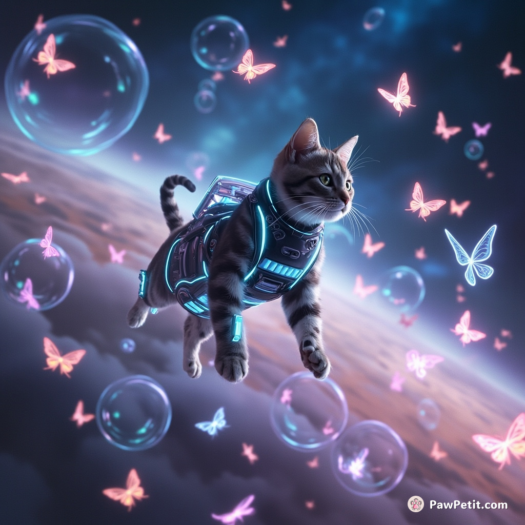 Cybernetic cat chasing holographic butterflies in a zero-gravity bubble galaxy.