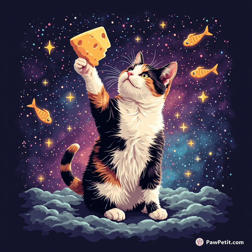 A calico cat levitating a piece of cheese with its psychic powers in a galaxy adorned with fish-shaped stars.