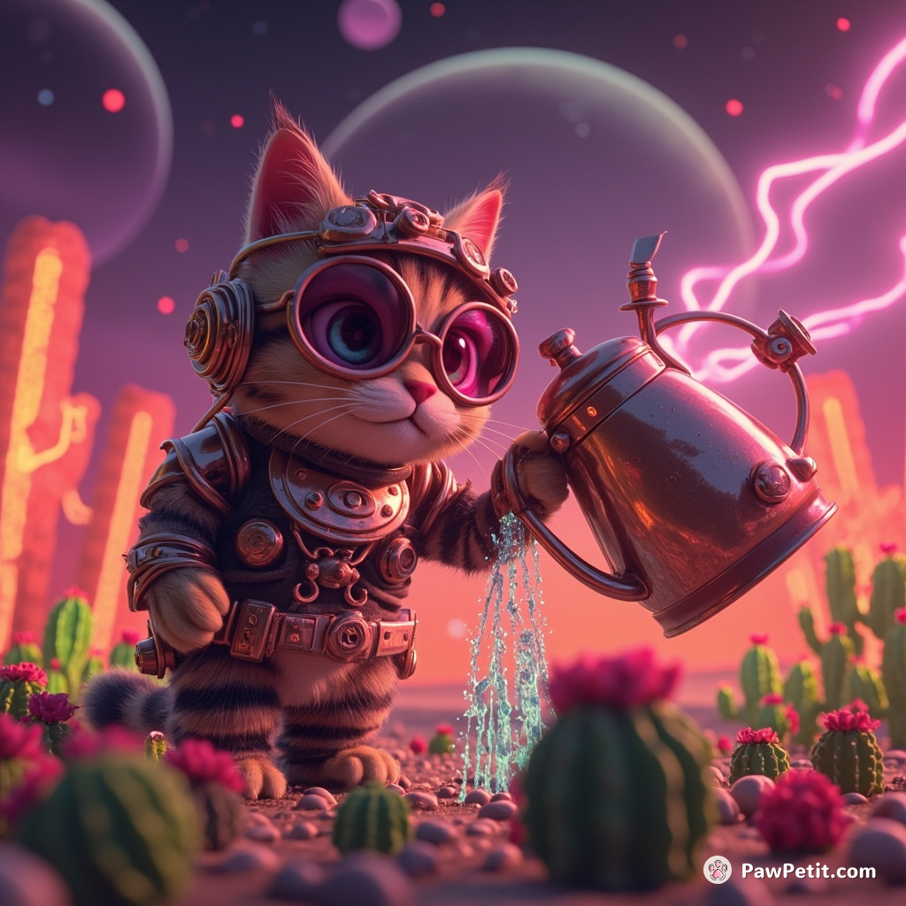 Steampunk cat watering a field of neon cacti using a kettle from Mars.