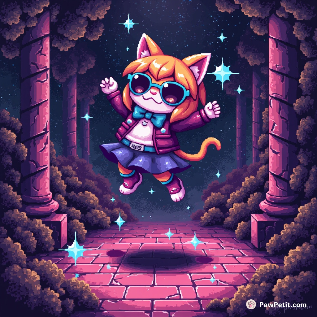 In her pixelated palace, the virtual vixen cat defies gravity, somersaulting in binary bliss through complex code-crafted kingdoms.