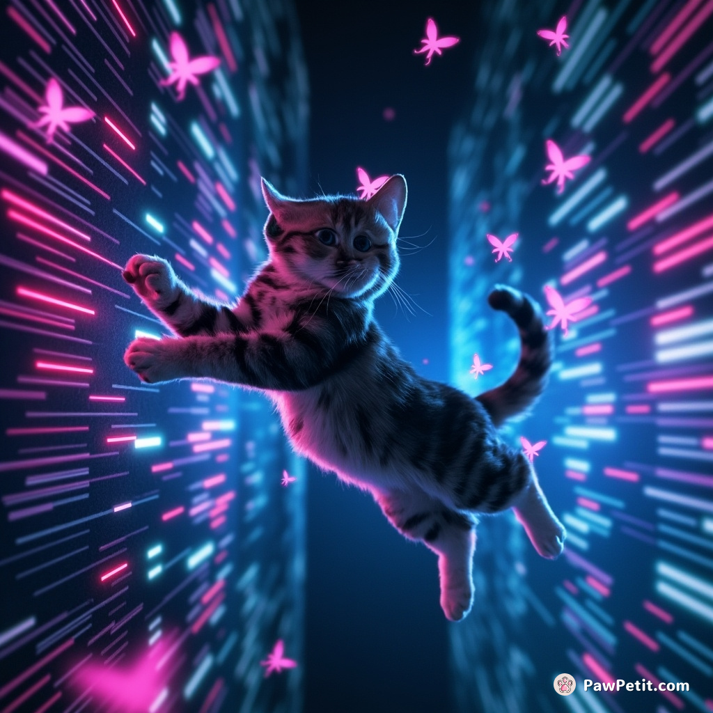 In the digital realm, the feline gracefully leaps between floating data streams, chasing elusive pixelated butterflies.