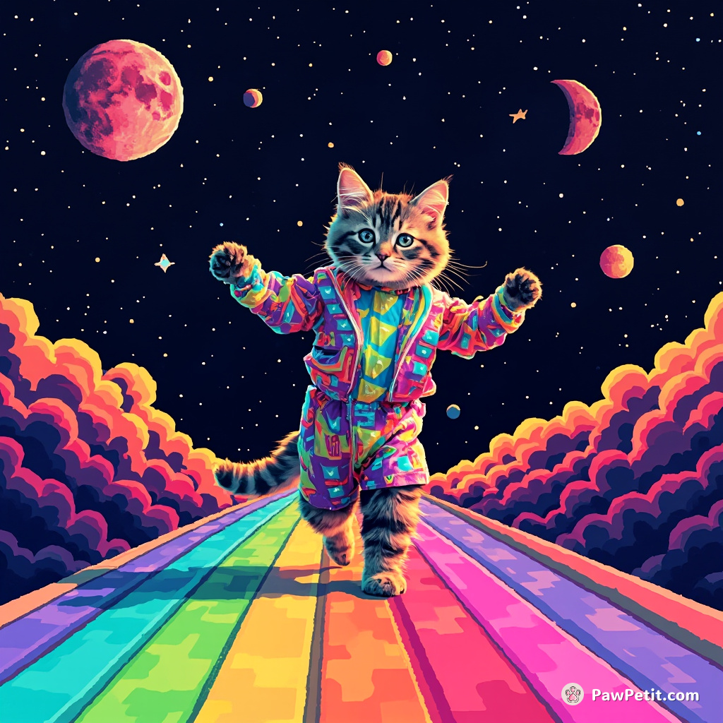 Cat performing a moonwalk on a rainbow path in outer space, wearing neon disco attire.