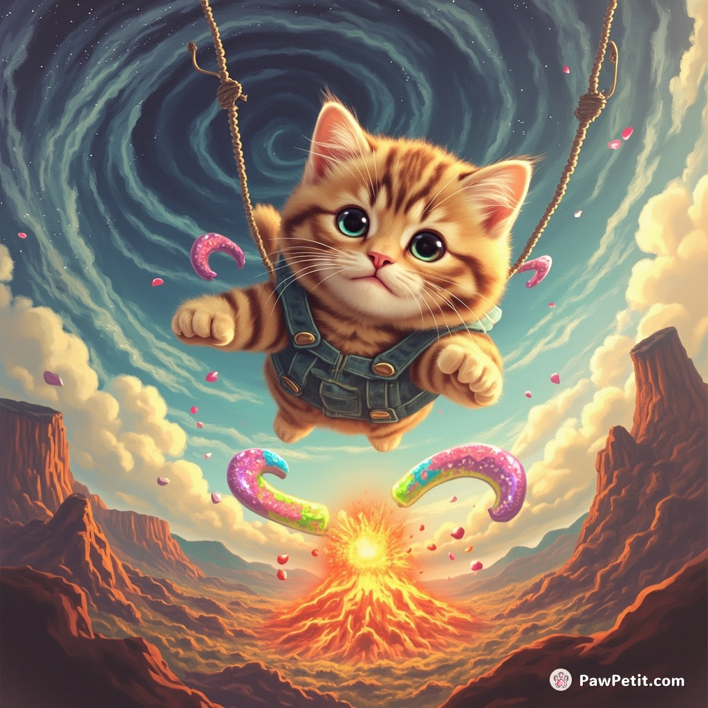 Cat skydiving through a tornado of glitter within a prehistoric landscape, with erupting donut-patterned rainbow volcano between its paws.