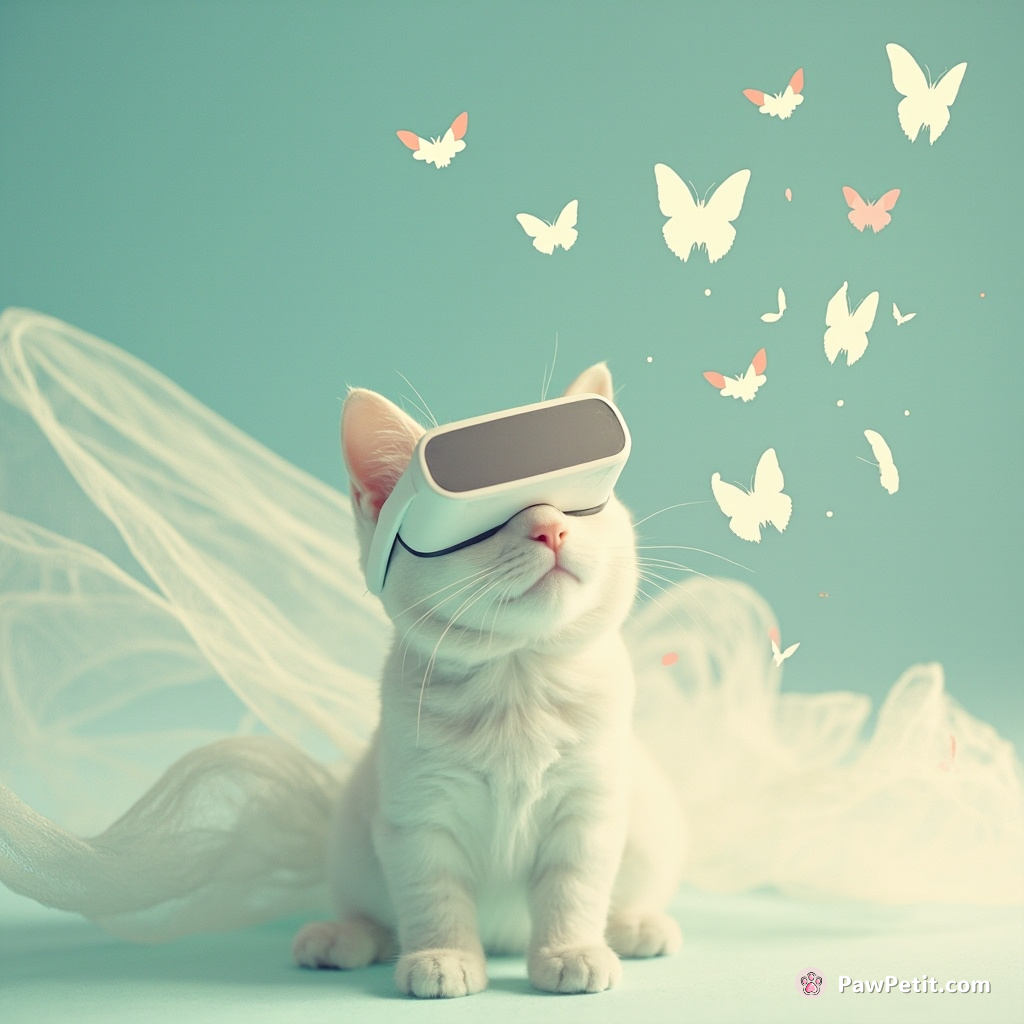 In the VR realm, a feline conjures pixelated butterflies with a flick of its ethereal tail, weaving dreams from data streams.