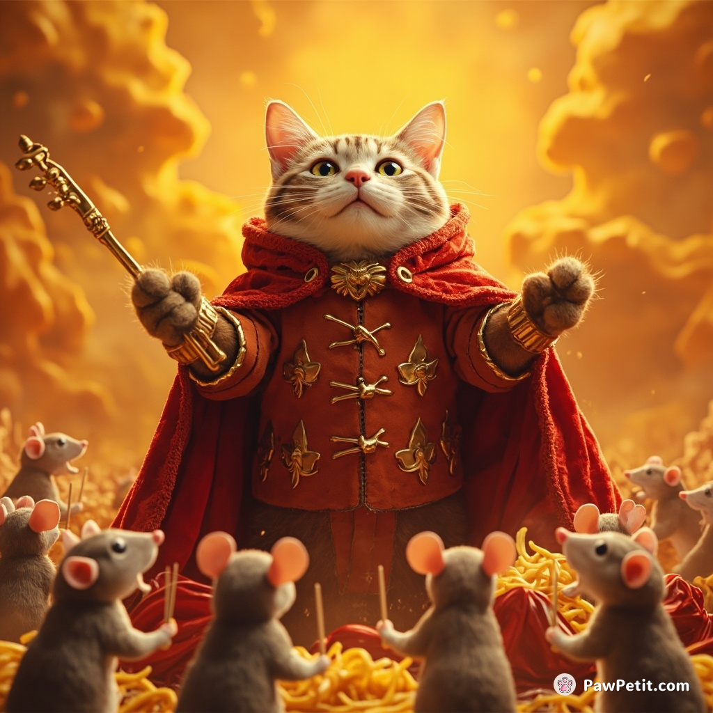 A grandiloquent cat wrapped in a velvet cloak conducting a symphony orchestra of mice amid bubbling cheese mountains under the radiant noodle casserics.