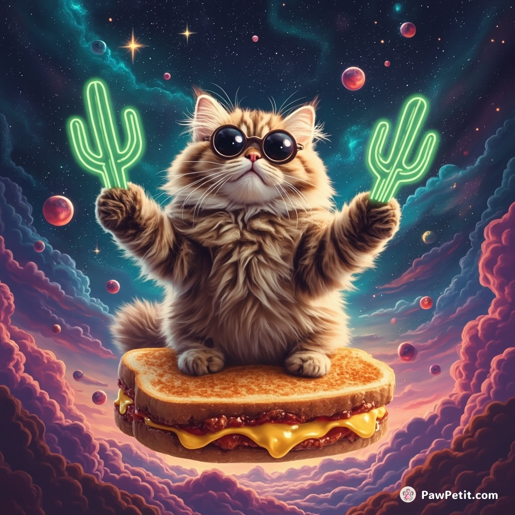 Cat juggling neon cacti while riding a floating grilled cheese sandwich in a space landscape.