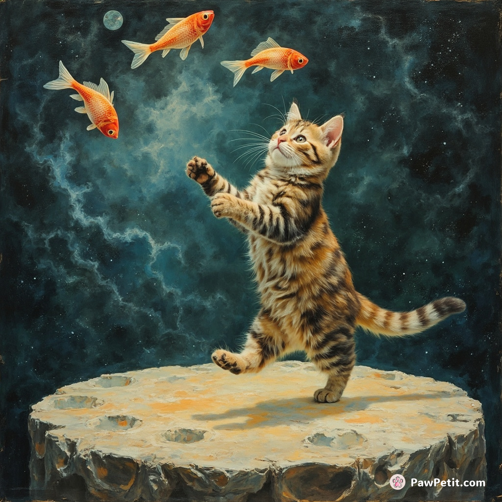 Cat juggler walking on a transparent moon crater, tossing fish-shaped nebulae.