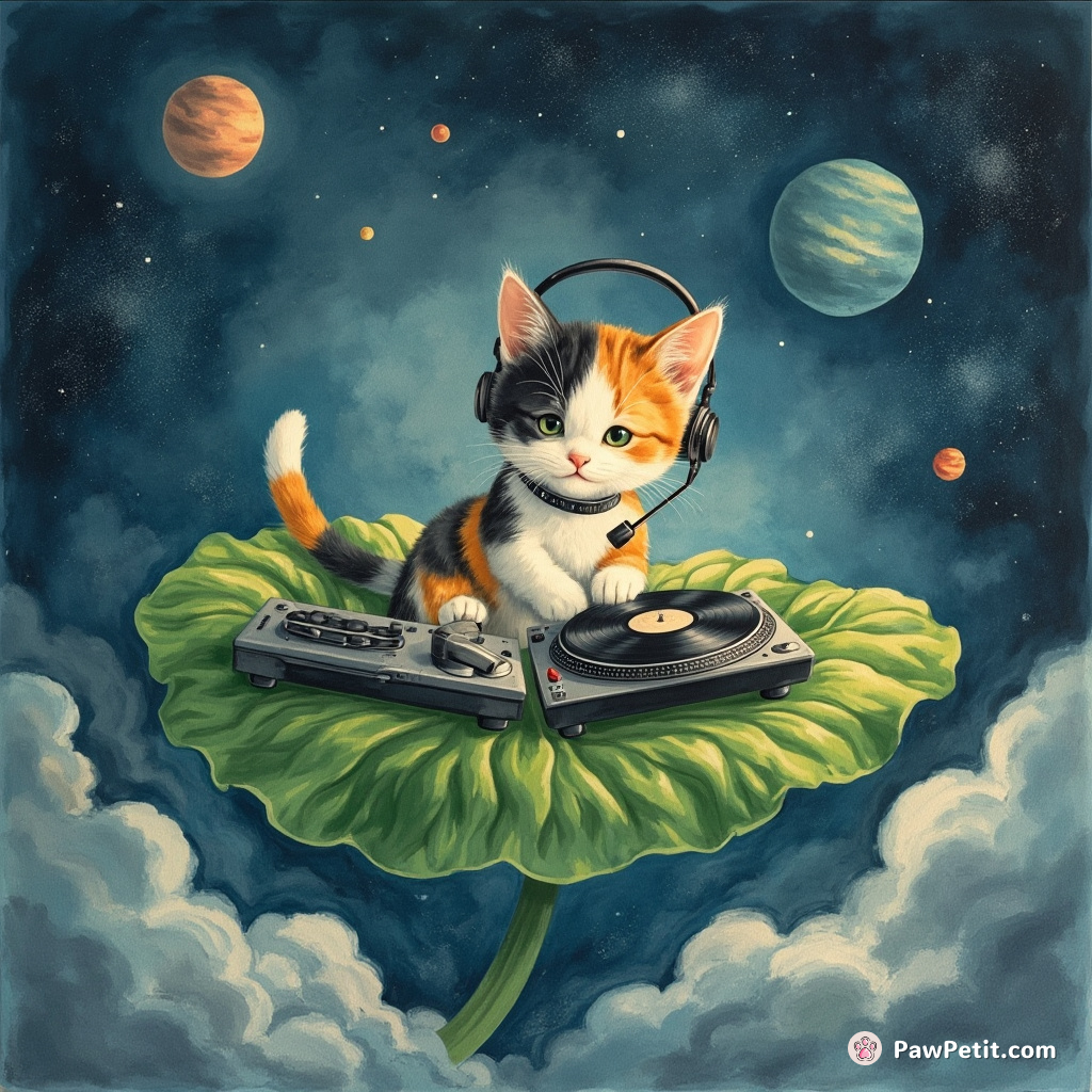A calico cat dj mixing music on a floating spinach leaf in outer space.