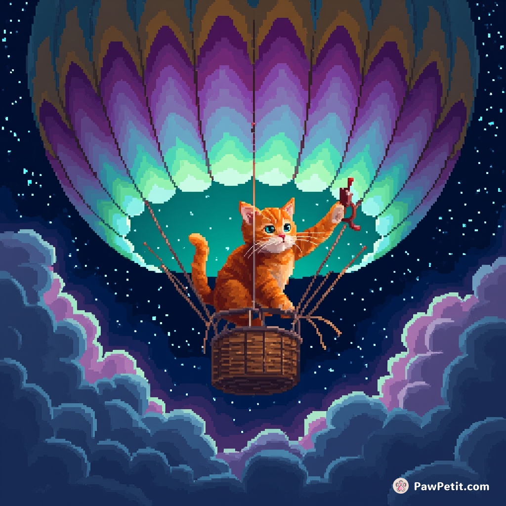An orange tabby cat painting the northern lights with its tail on a starry night sky ceiling from a hot air balloon.