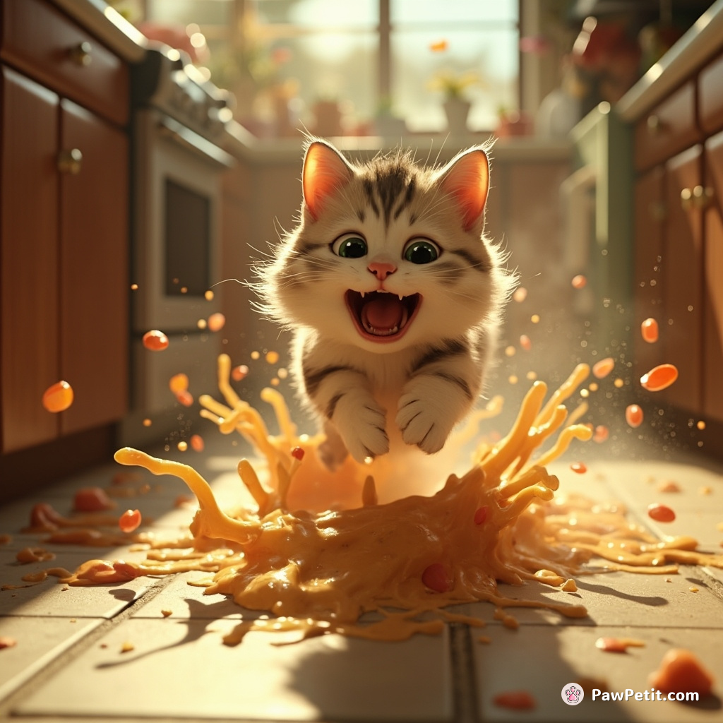The frantic cat skidded across the busy kitchen floor, attempting to escape from the bubbling pot of soup.