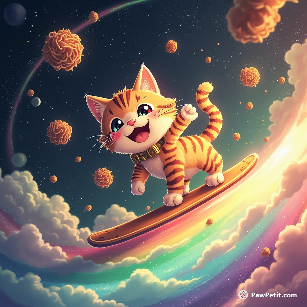 Cat surfing on a rainbow in outer space, joyfully dodging lasagna meteors.