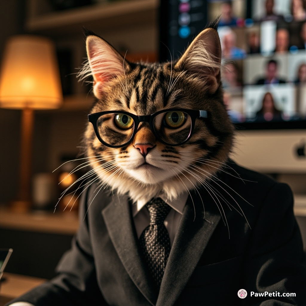 Cat in a suit, hosts Zoom meeting, accidentally unmutes to reveal purring, chaos ensues as team hears "meow" instead of "now.