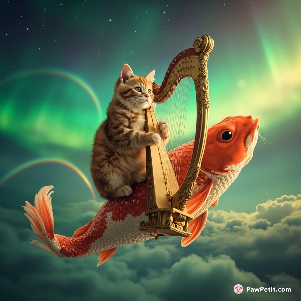 Cat gingerly playing a golden harp while riding a giant sparkly koi fish over a rainbow aurora borealis.