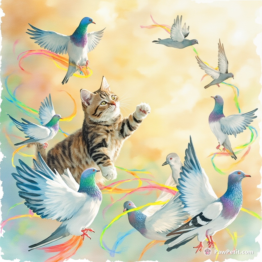 Cat conducting a symphony orchestra of multicolored pigeons with strings of rainbows, in zero gravity.