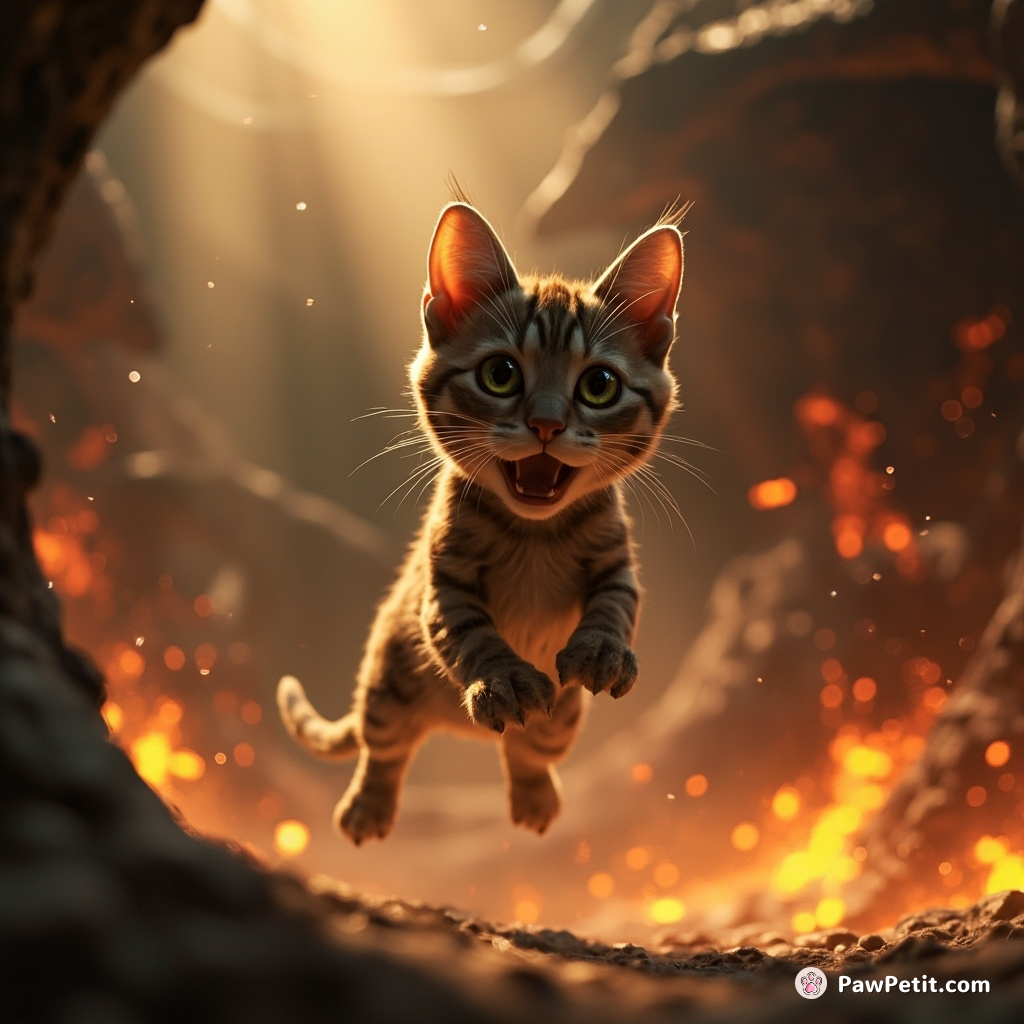 The majestic feline leaps fearlessly into the dragon's cavern, his sleek fur glowing in the thudding heartbeat of danger.