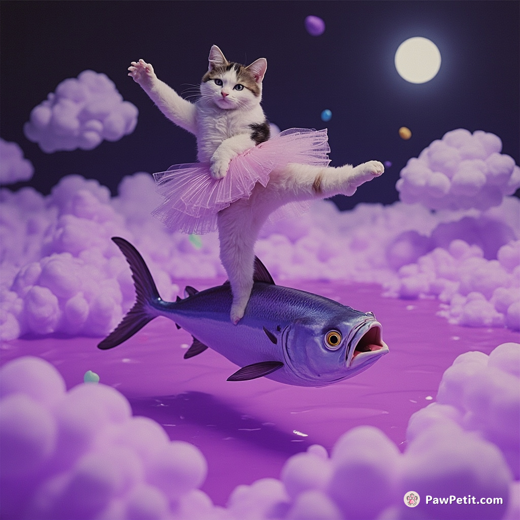 A calico cat performing a whimsical ballet atop a floating tuna fish in an ocean of purple tea.