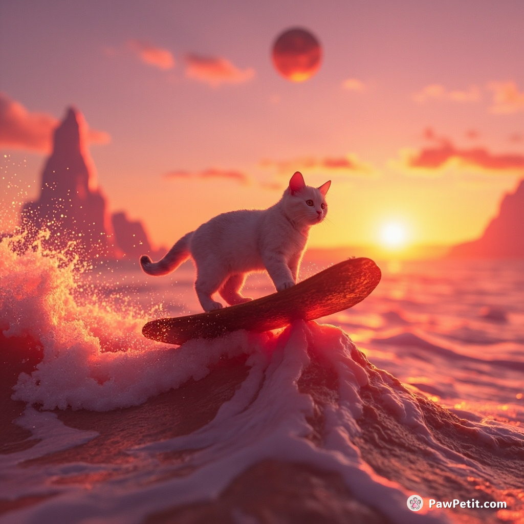 A miniature cat surfing on a bacon strip over a Tsunami of chocolate milk in an alien planet at sunset.