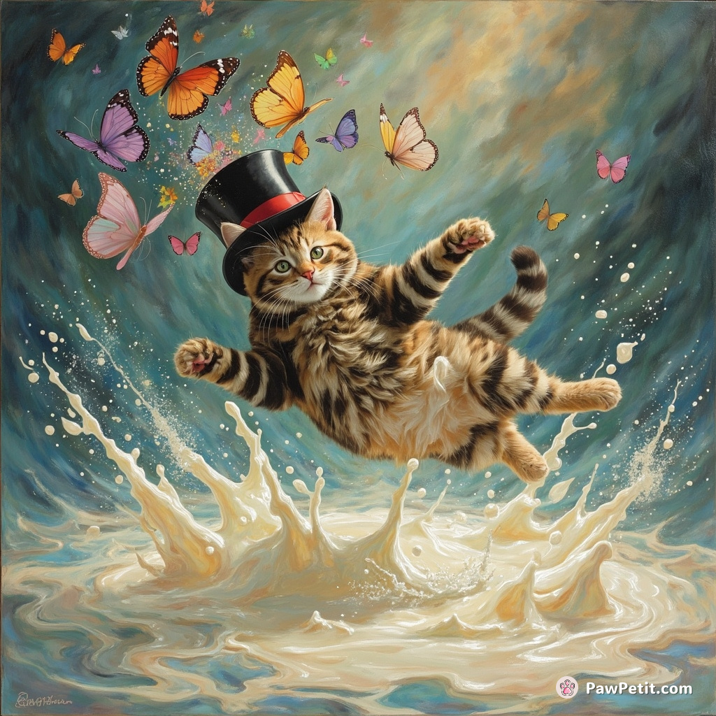 Cat mid-leap over an iridescent river of milk, while multi-colored butterflies escape from its top hat.