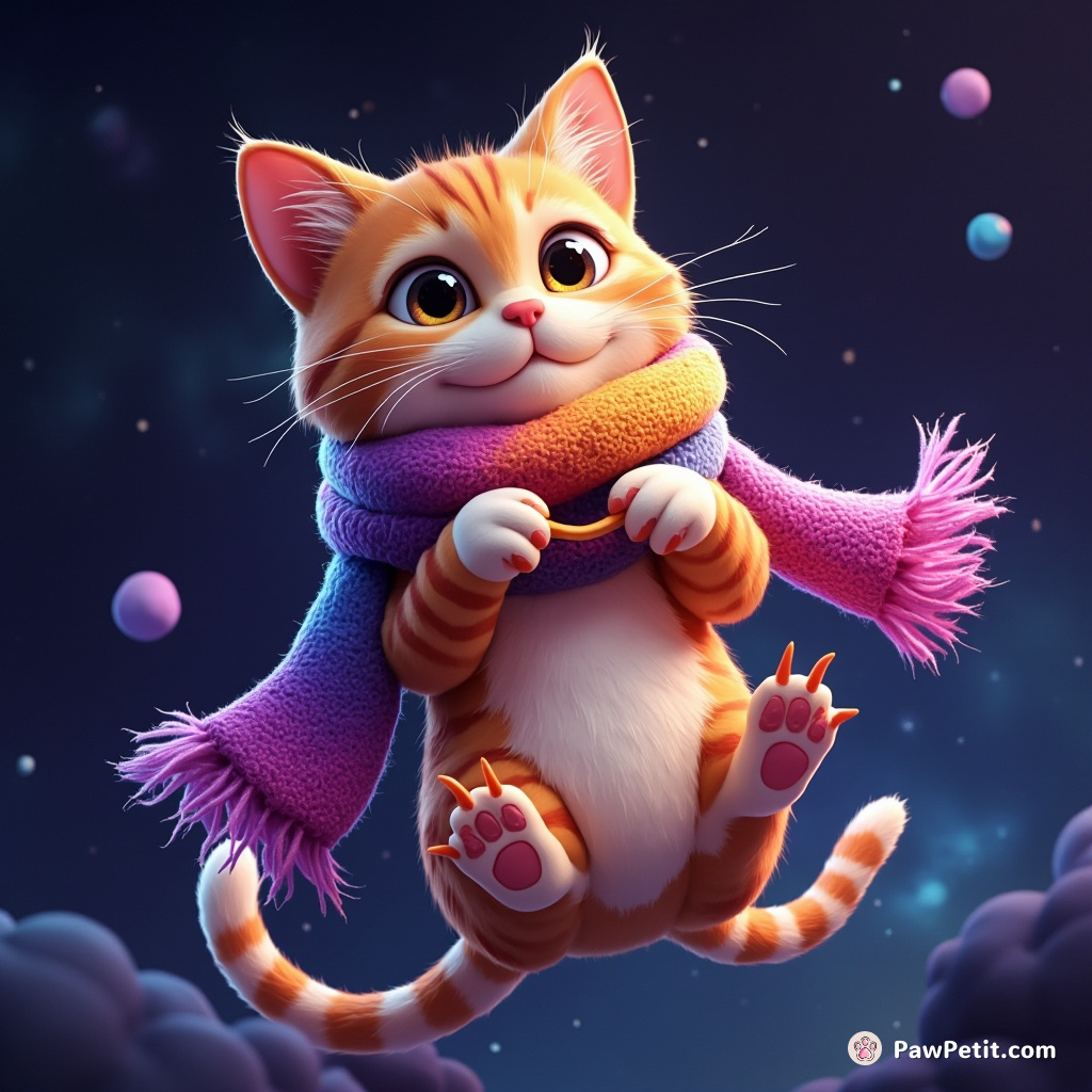 Cat knitting a cosmic scarf with rainbow-colored claws, floating in outer space.