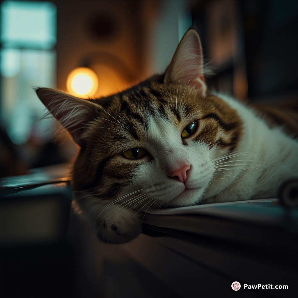 The cat, assuming humans always nap too, centered himself on work desks waiting for the start of "obligatory" sleep-hours.