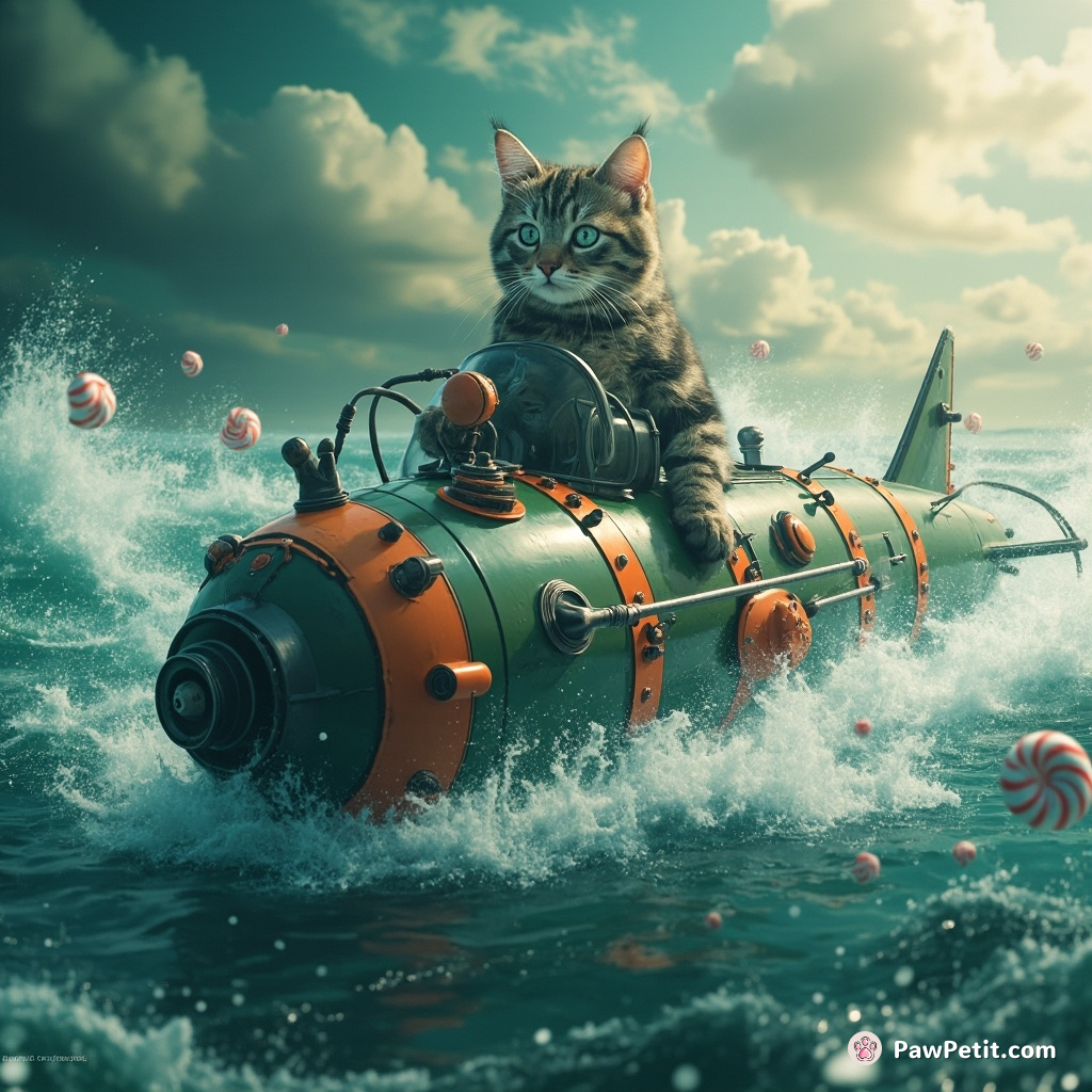 A cybernetic cat autonomously piloting a steampunk submarine through a fizzy soda ocean during the candy cane storm.