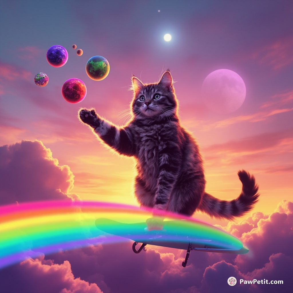 A cat juggling miniature planets while surfing on a rainbow at dusk.