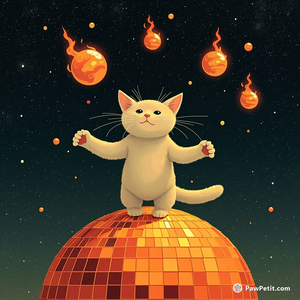 Cat juggling fiery sunset orbs on top of a colossal disco ball in outer space.