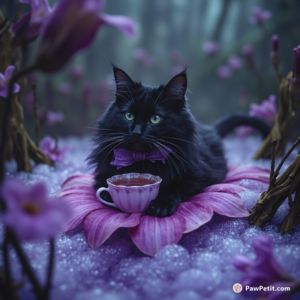 Victorian Goth cat sipping lavender tea while balancing on a floating gladiola petal amidst a gnarly forest bubble bath.