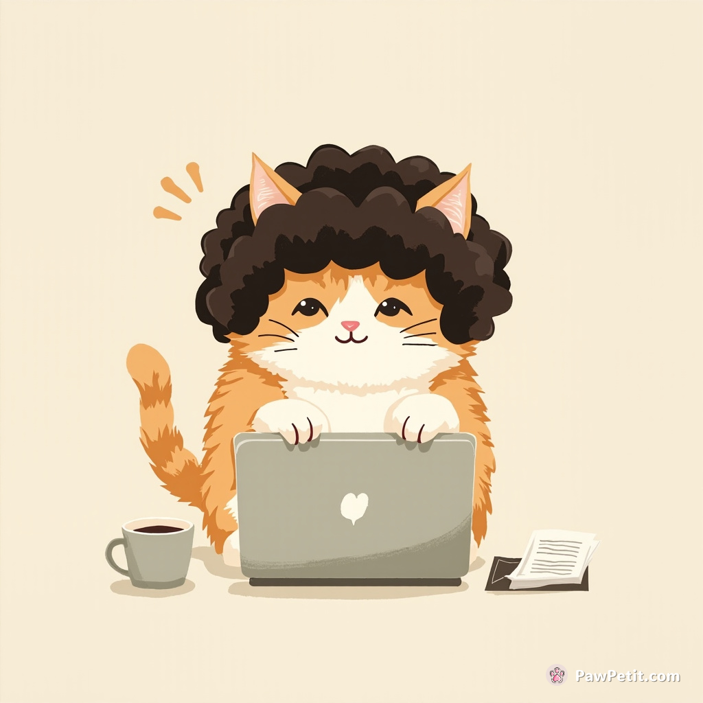 Cat wearing a wig, "typing" on a laptop with paws, sends "meow-mix" emails to the entire office.