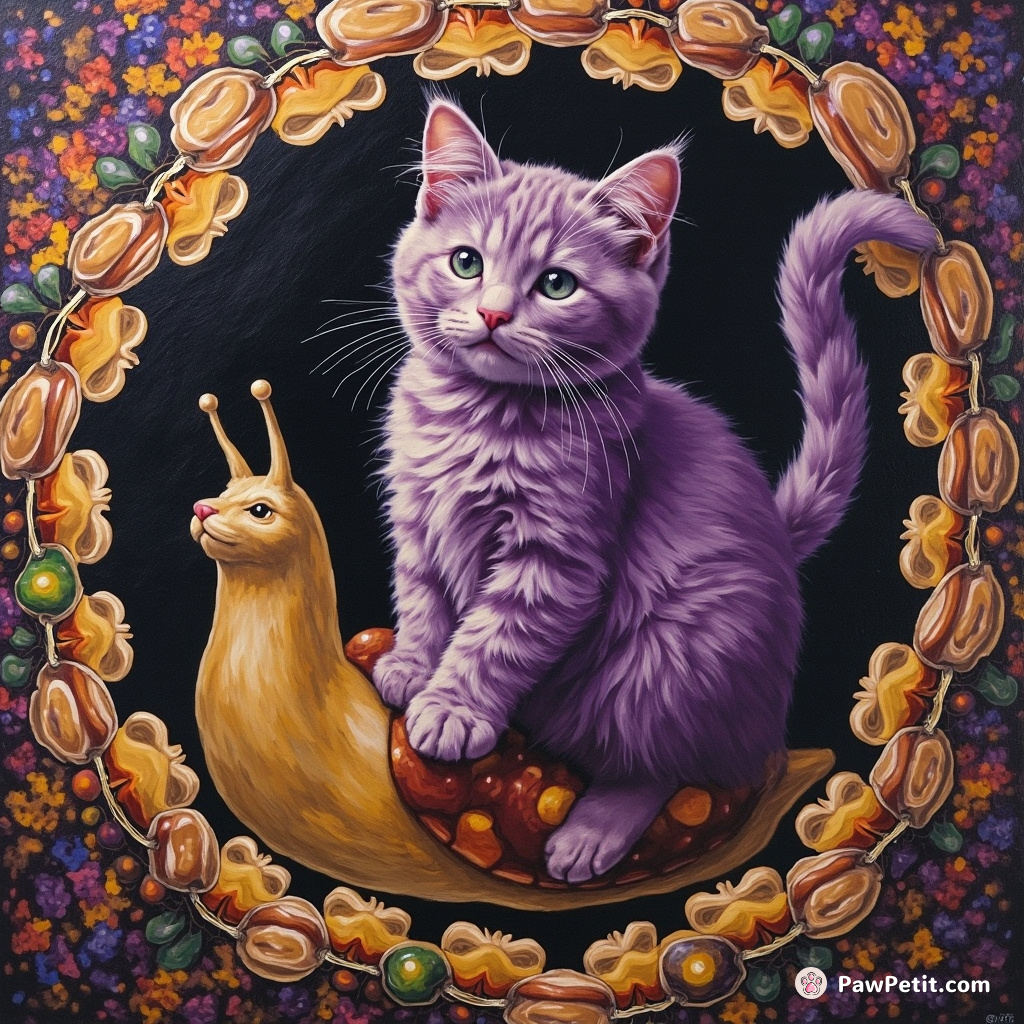Violet cat riding a golden snail through an oversized kaleidoscope tunnel.