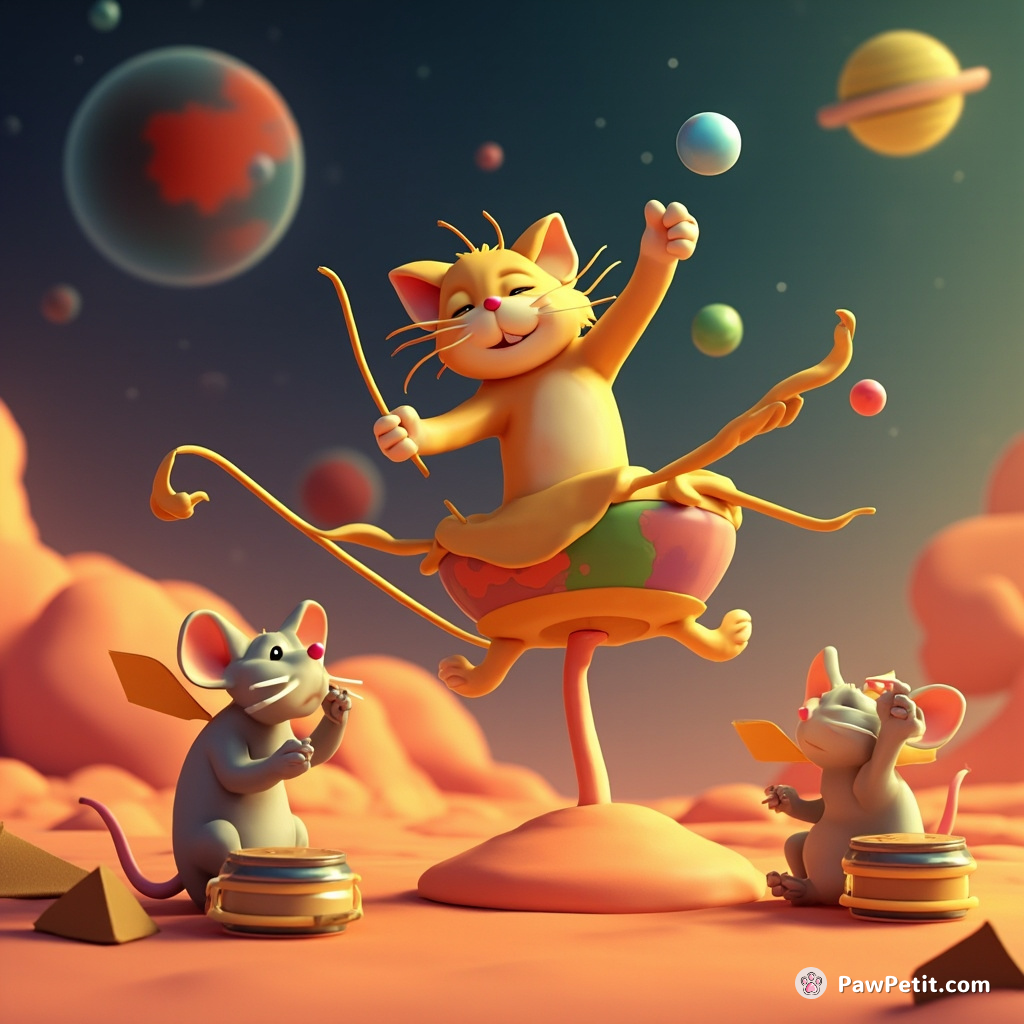 A cat performing aerial trapeze act in Mars, winged mice claps with miniature cymbals.
