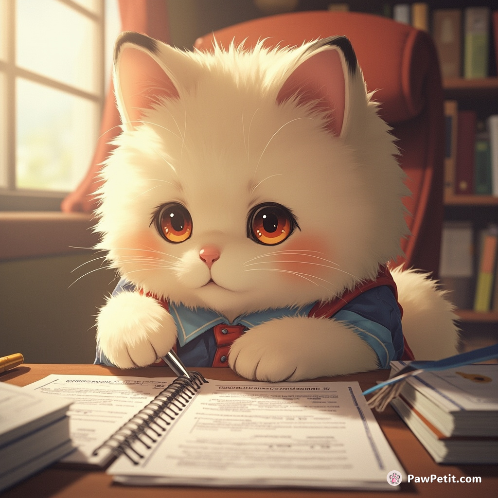 Fluffy meticulously files tax returns, pausing to occasionally lick its paw for dramatic effect.