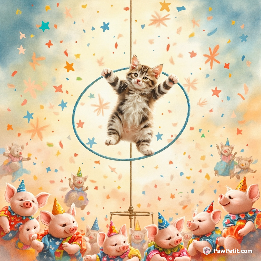A hula-hooping kitten balancing on a confetti explosion trapeze spinning above an audience of somersaulting piglets in clown outfits.