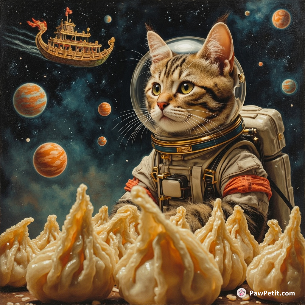 Cat in a spacesuit admiring shiny 粽子 (sticky rice dumplings) orbiting around him in place of planets, with a grand dragon boat shooting across the cosmos in the background.