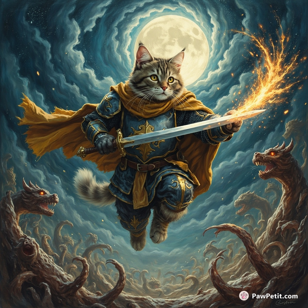 Sir Pawsington, the feline knight, leapt daringly into the dragon fray, slashing claws glistening in the enchanted moonlight.