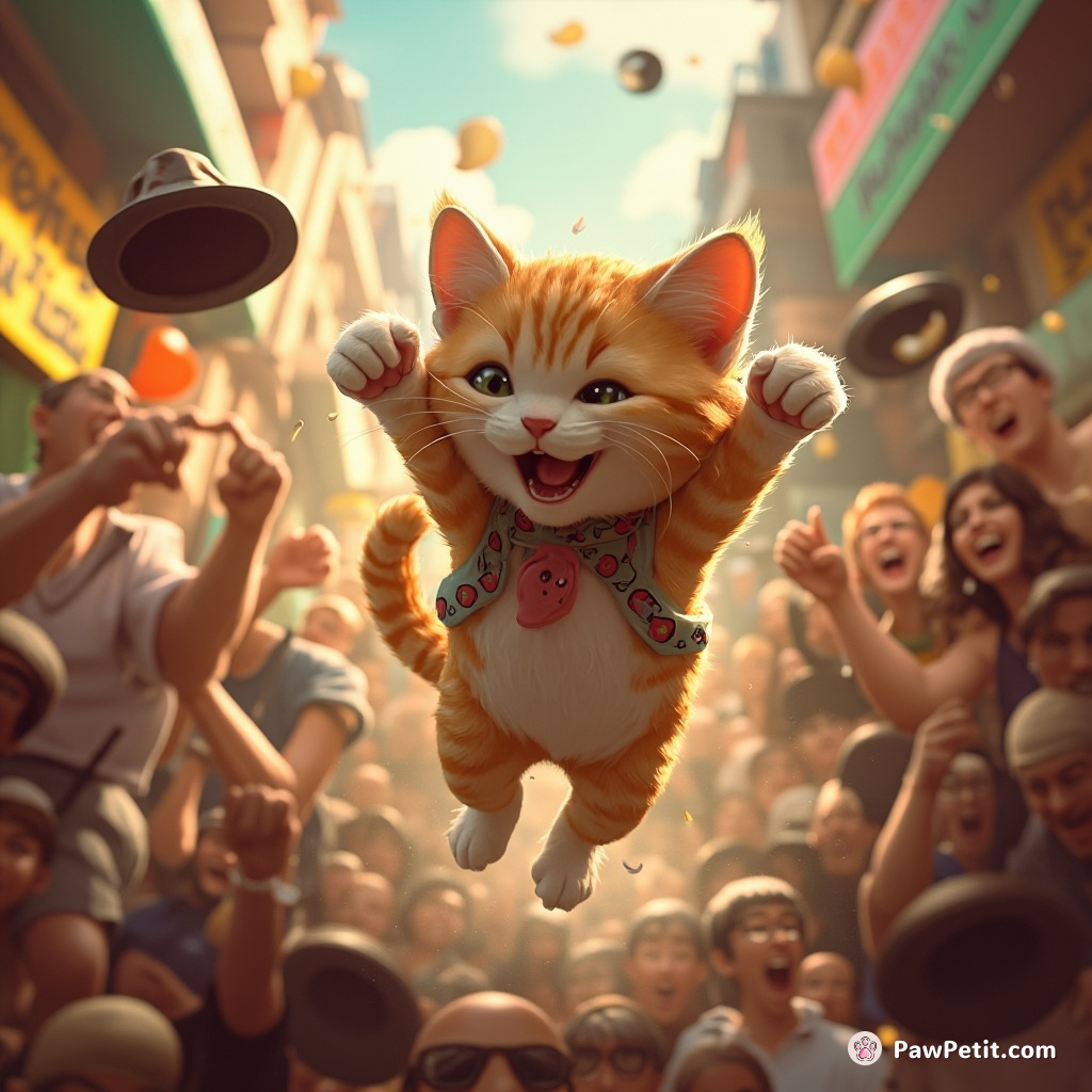 **Cat darts through crowd, leaping onto shoulders, knocking hats and causing laughter amid the chaos.**