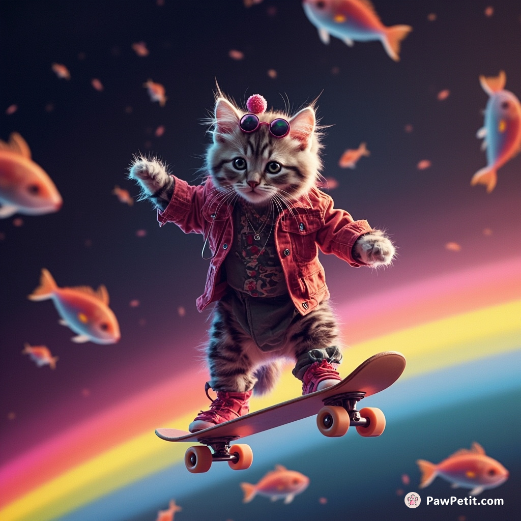 A punk rock kitten perfectly skateboarding on a rainbow, amidst floating fish in space.