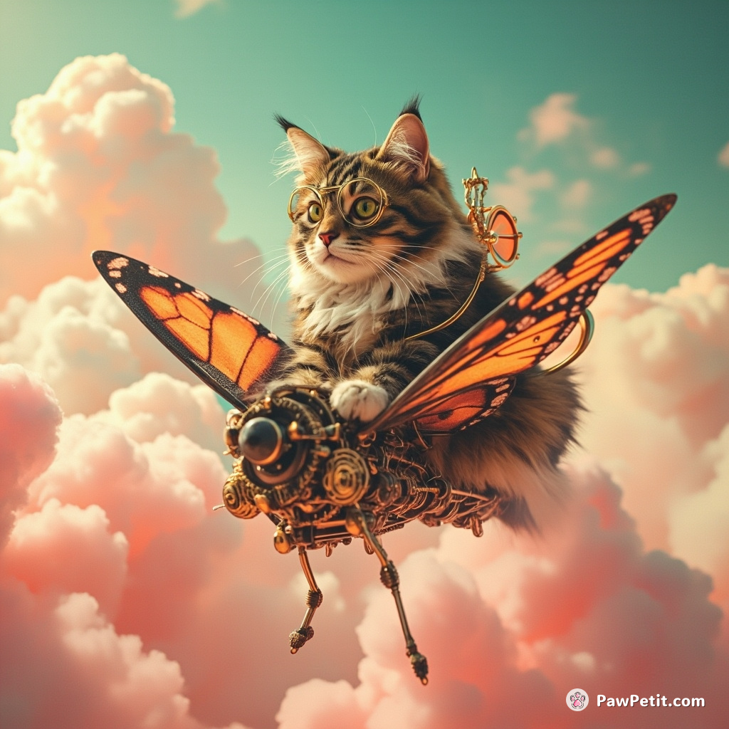 Steampunk cat piloting a mechanical butterfly through cotton candy clouds.