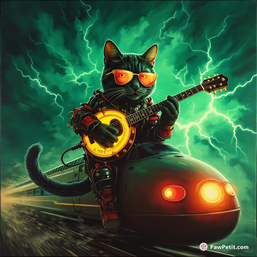 A cybernetic cat strumming a glowing neon banjo on top of a speeding bullet train under an emerald thunderstorm.