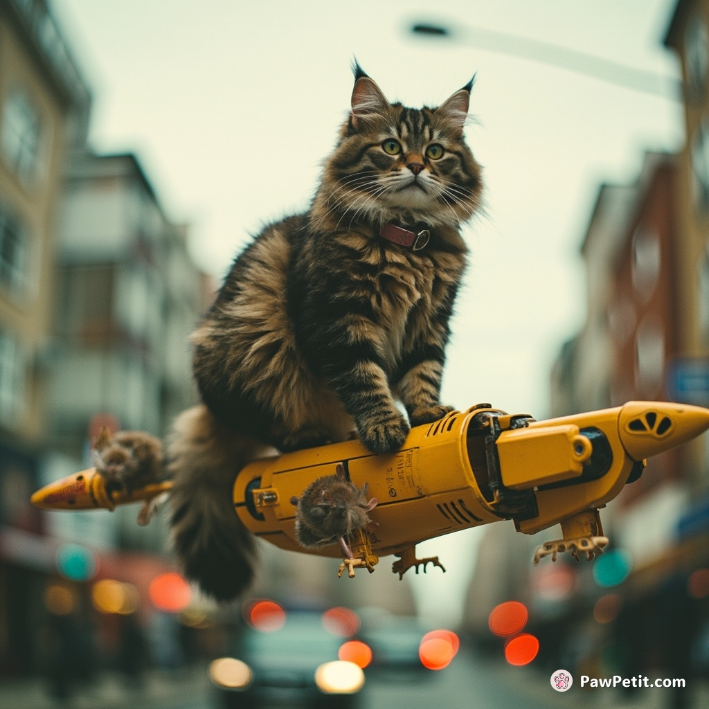 Navigating rush-hour hovercrafts, a feline figure adeptly leaps onto a robotic bird, barcoding rodents for the efficient future citywide pest control.