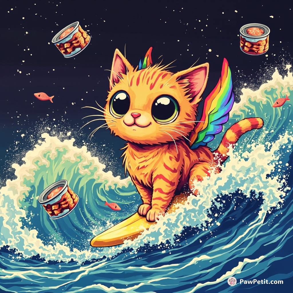 A fluorescent cat with rainbow wings, surfing on a nacho cheese wave surrounded by flying canned tuna fish.