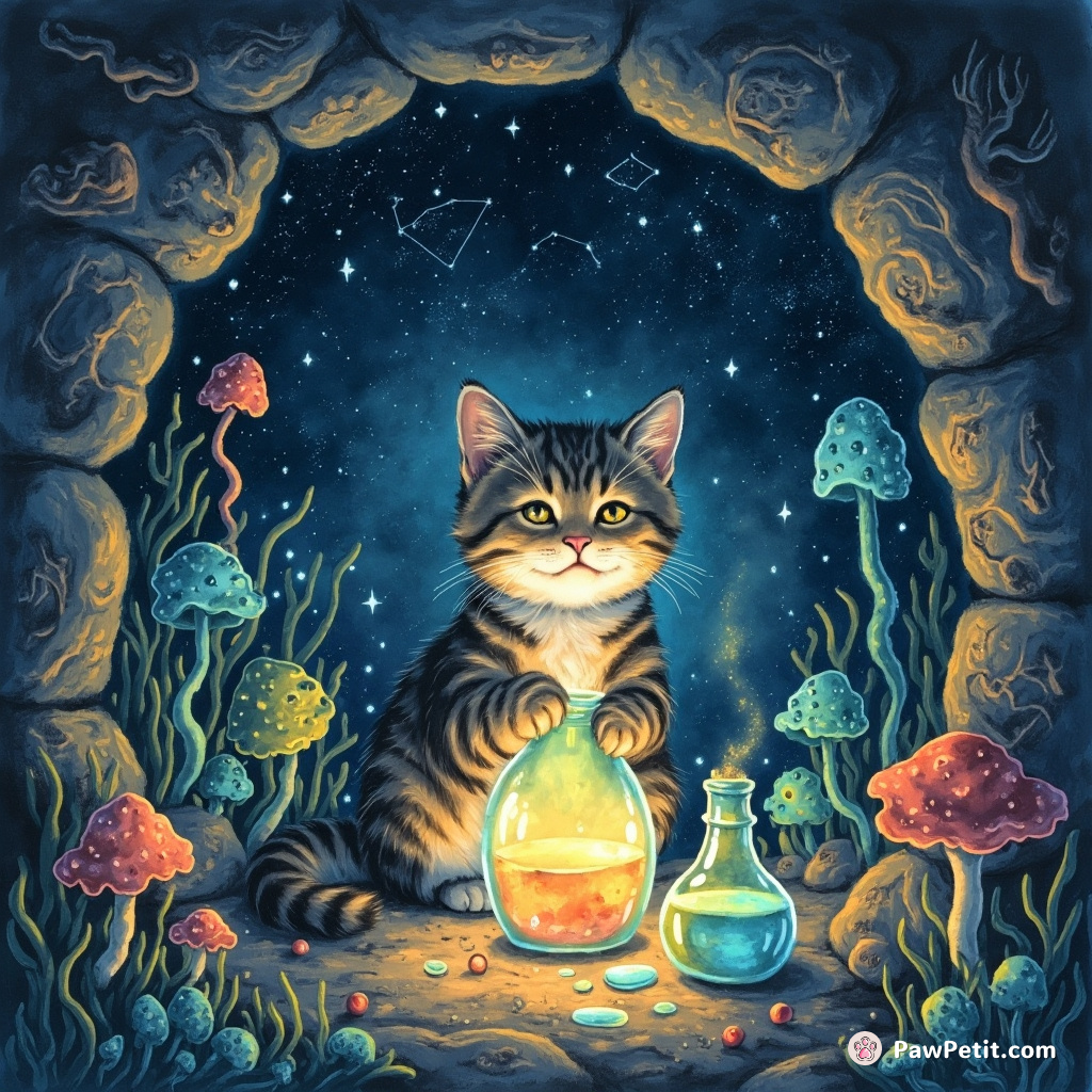 Cat concocting a luminescent potion in an underground magical laboratory with bioluminescent fungi and constellation maps.