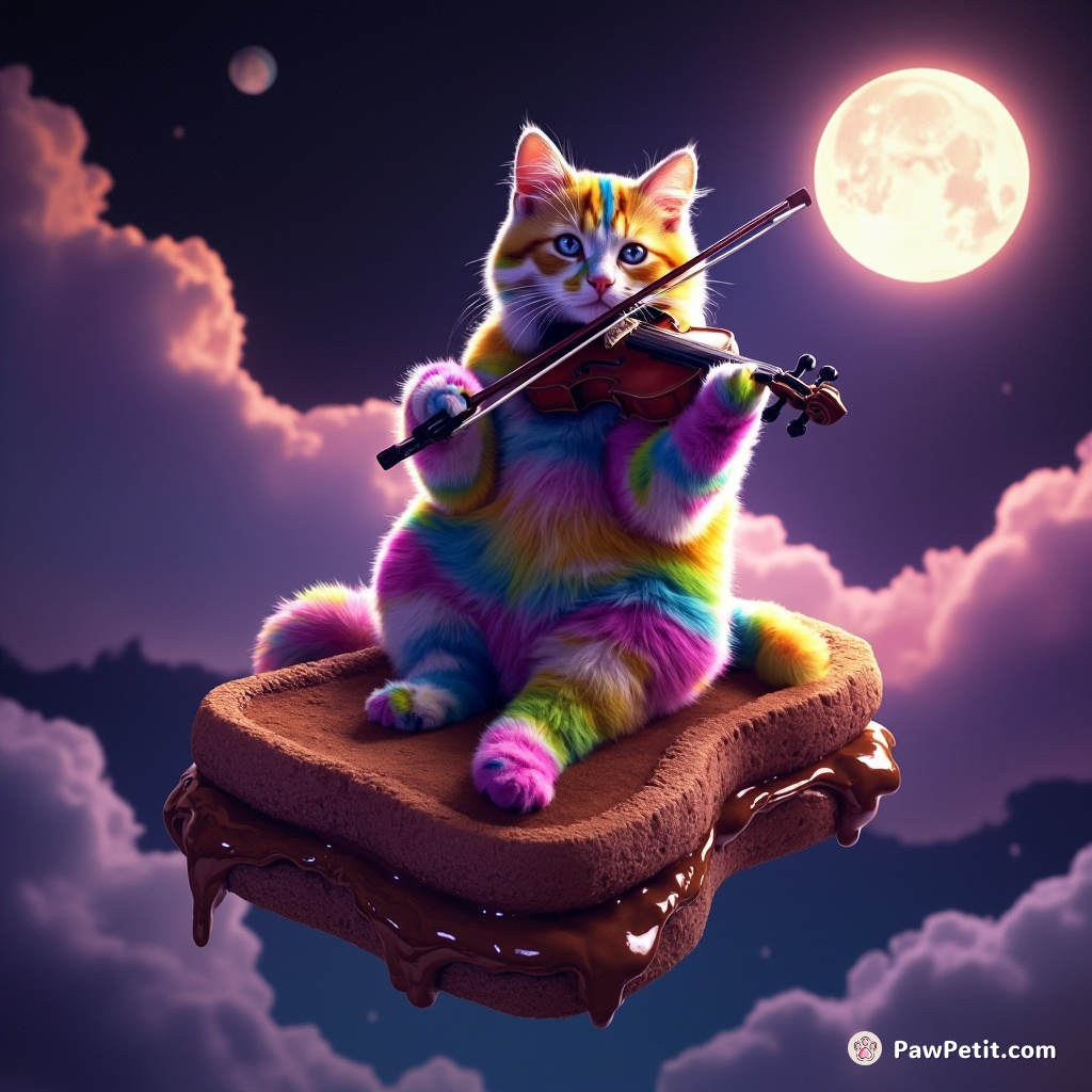 A rainbow-striped cat playing a violin made of moonlight on a giant, floating PB&J sandwich.