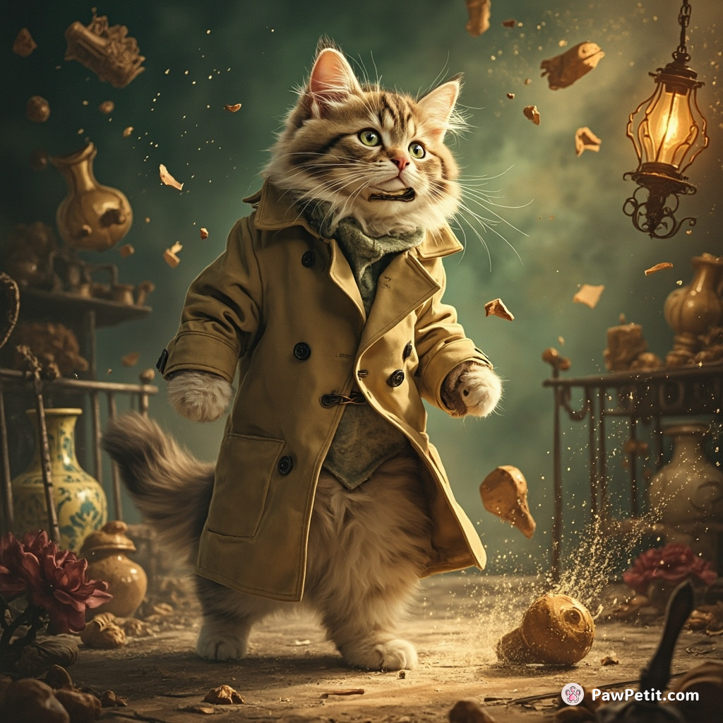 Cat dons trench coat, attempts to walk upright - smashes vases, knocks over lamp. Cat-astrophe ensues.