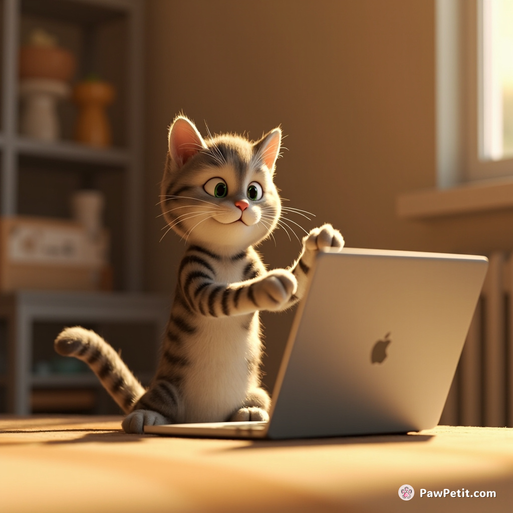 The cat tries to open a laptop with its paws, thinking it's a food dispenser.