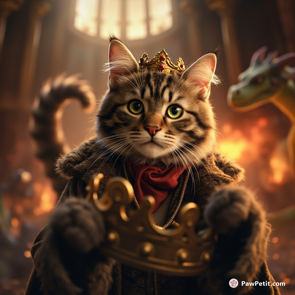In "Paws & Princes," sophisticated cat Cal whiskers a magical crown from a dragon to save his beleaguered kingdom.